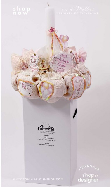 Lumanare botez personalizata cu dantela crem si glob cristal Ponei Carusel 3